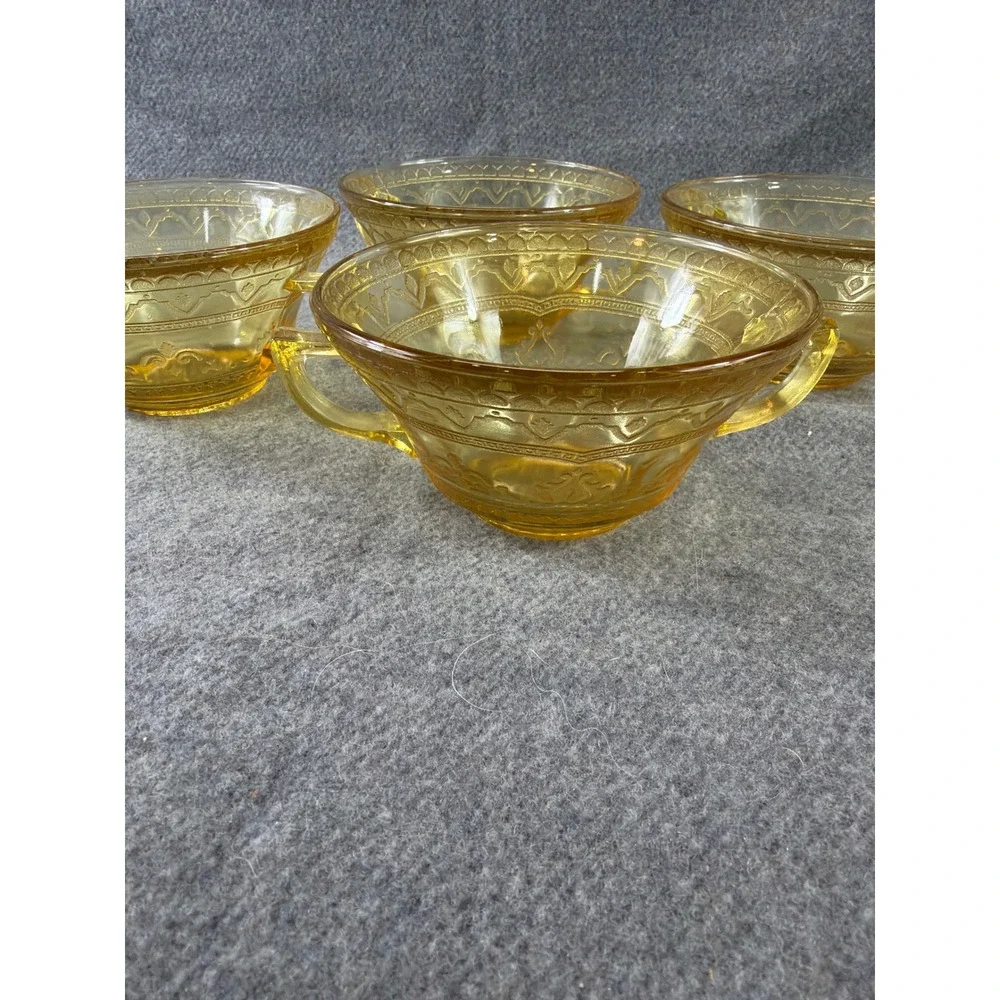 Federal Glass Patrician Spoke Bouillon Cups Set 4 Amber Depression Glass Vintage